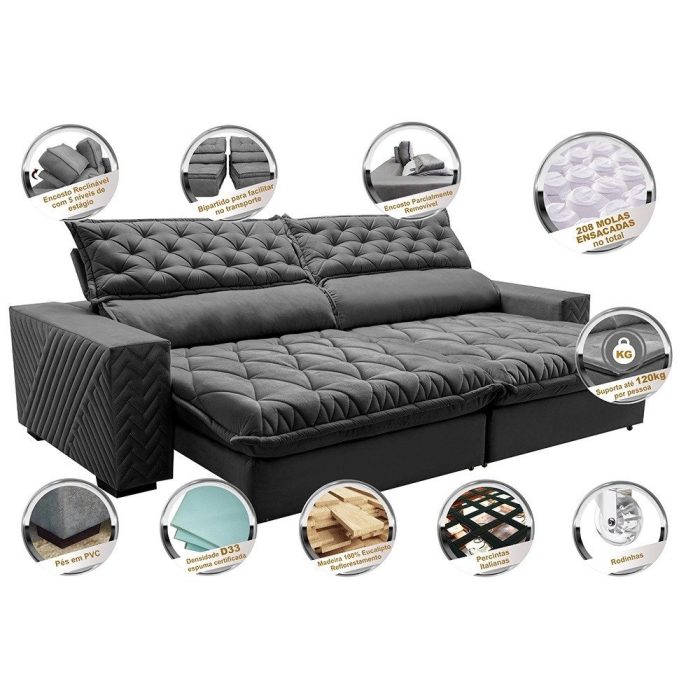 Sofá Retrátil e Reclinável 2,35m Molas Ensacadas Cama inBox Spazus com Bordado 3D Velusoft Cinza - Imagem 3