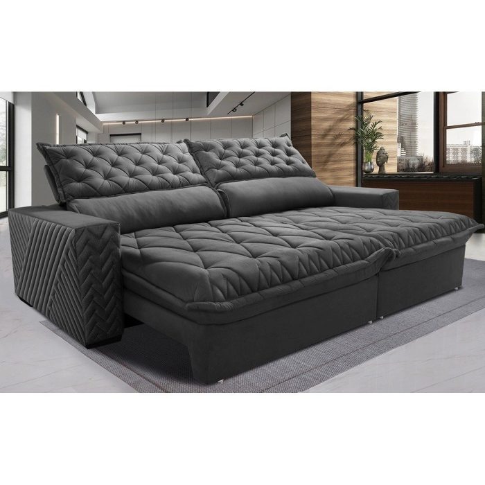 Sofá Retrátil e Reclinável 2,35m Molas Ensacadas Cama inBox Spazus com Bordado 3D Velusoft Cinza - Imagem 1