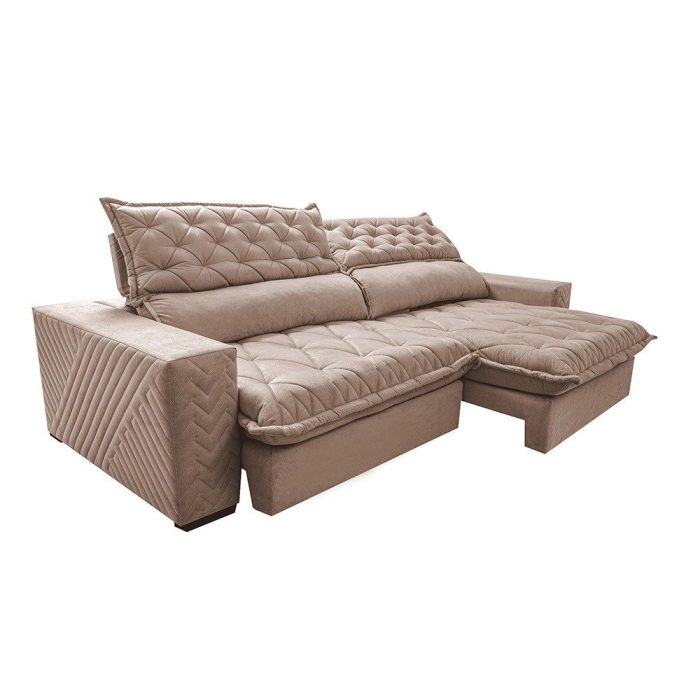 Sofá Retrátil e Reclinável 2,75m Molas Ensacadas Cama inBox Spazus com Bordado 3D Velusoft Bege - Imagem 6