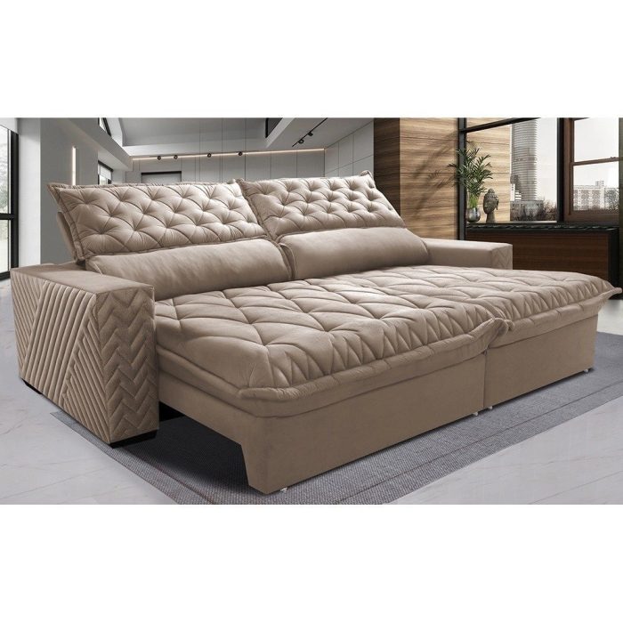 Sofá Retrátil e Reclinável 2,75m Molas Ensacadas Cama inBox Spazus com Bordado 3D Velusoft Bege - Imagem 1