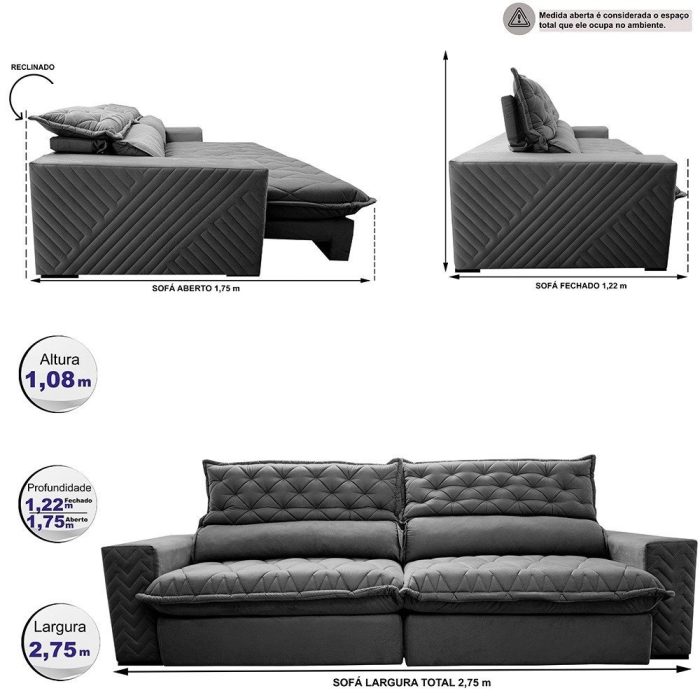 Sofá Retrátil e Reclinável 2,75m Molas Ensacadas Spazus com Bordado 3D Velusoft Cinza - Imagem 2