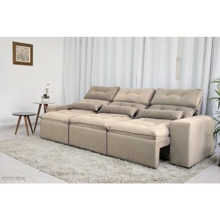 Sofá Retrátil e Reclinável 2,75m c 05 Lugares em Tecido Suede Bege