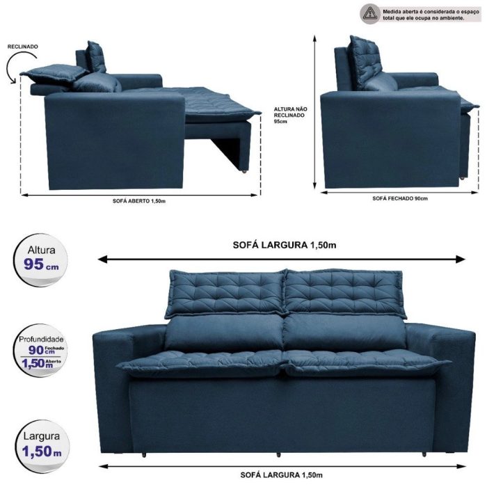 Sofá Retrátil e Reclinável Cama inBox Slim 1,50m Tecido Suede Velusoft Azul - Imagem 2