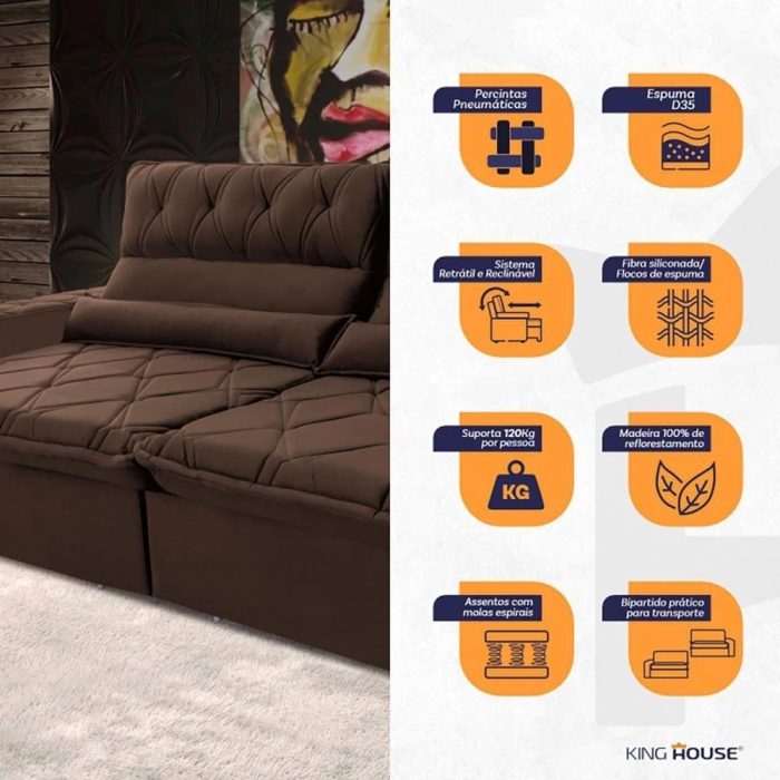 Sofá RetrátilReclinável Dakar 3,00 Suede Velut Marrom c Molas no Assento – King House - Imagem 3