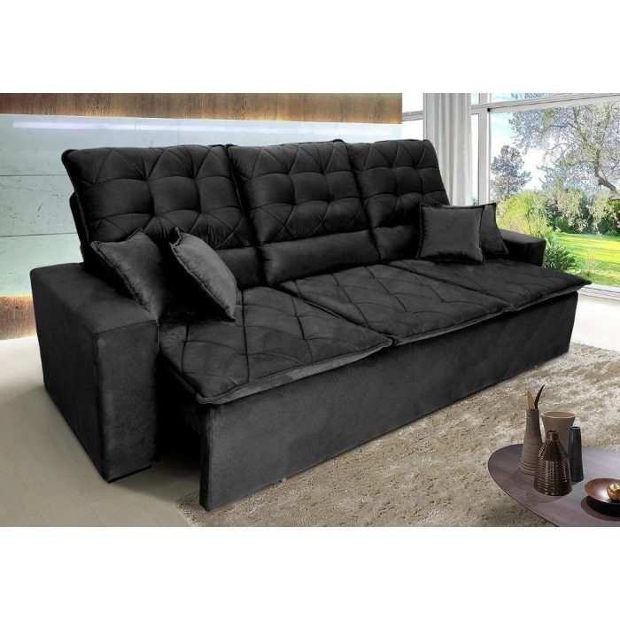 Sofá Retrátil/Reclinável Europa 2,00m Suede Velut Preto c/ Molas Espirais – King House - Imagem 1