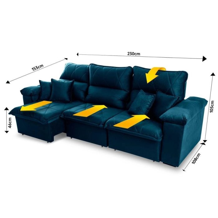 Sofá Retrátil/Reclinável Trento 2,30m Suede Velut Azul c/ Molas no Assento – King House - Imagem 2