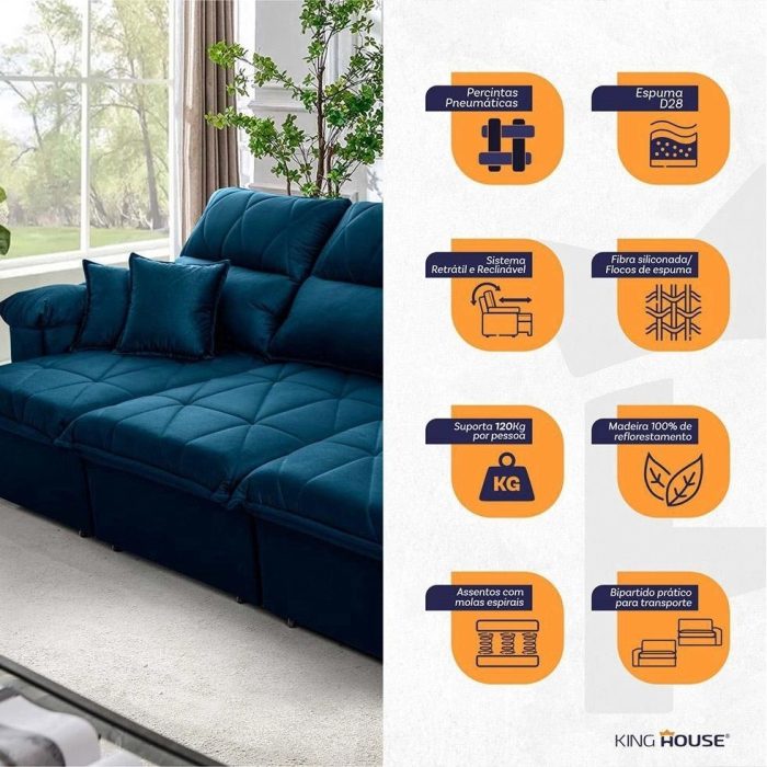 Sofá Retrátil/Reclinável Trento 2,30m Suede Velut Azul c/ Molas no Assento – King House - Imagem 3