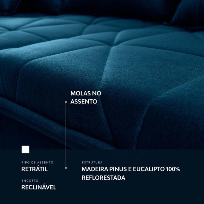 Sofá Retrátil/Reclinável Trento 2,30m Suede Velut Azul c/ Molas no Assento – King House - Imagem 5