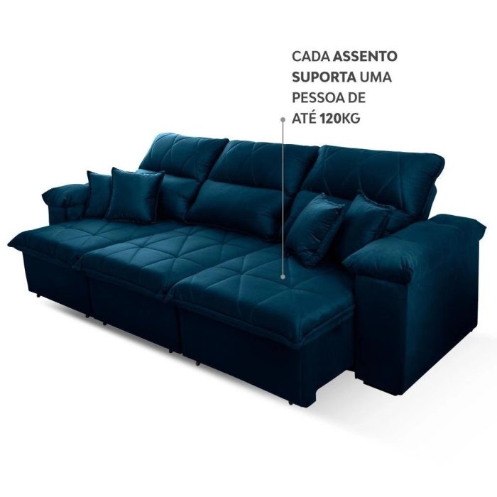 Sofá Retrátil/Reclinável Trento 2,30m Suede Velut Azul c/ Molas no Assento – King House - Imagem 7