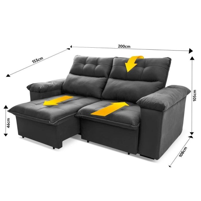 Sofá Retrátil/Reclinável Verona 2,00m Suede Velut Cinza c/ Molas no Assento – King House - Imagem 2