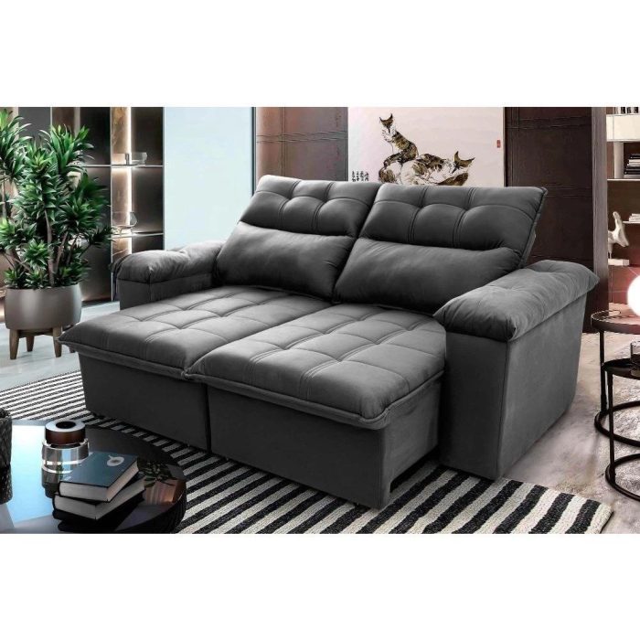 Sofá Retrátil/Reclinável Verona 2,00m Suede Velut Cinza c/ Molas no Assento – King House - Imagem 1