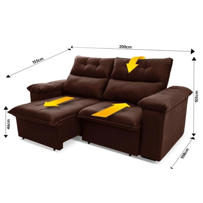 Sofá Retrátil/Reclinável Verona 2,00m Suede Velut Marrom c/ Molas no Assento – King House - Imagem 2