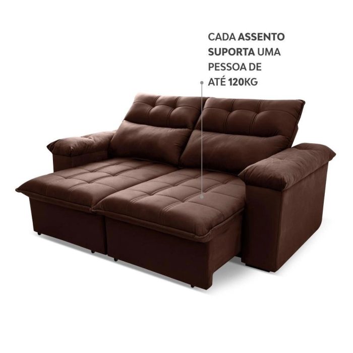 Sofá Retrátil/Reclinável Verona 2,00m Suede Velut Marrom c/ Molas no Assento – King House - Imagem 5
