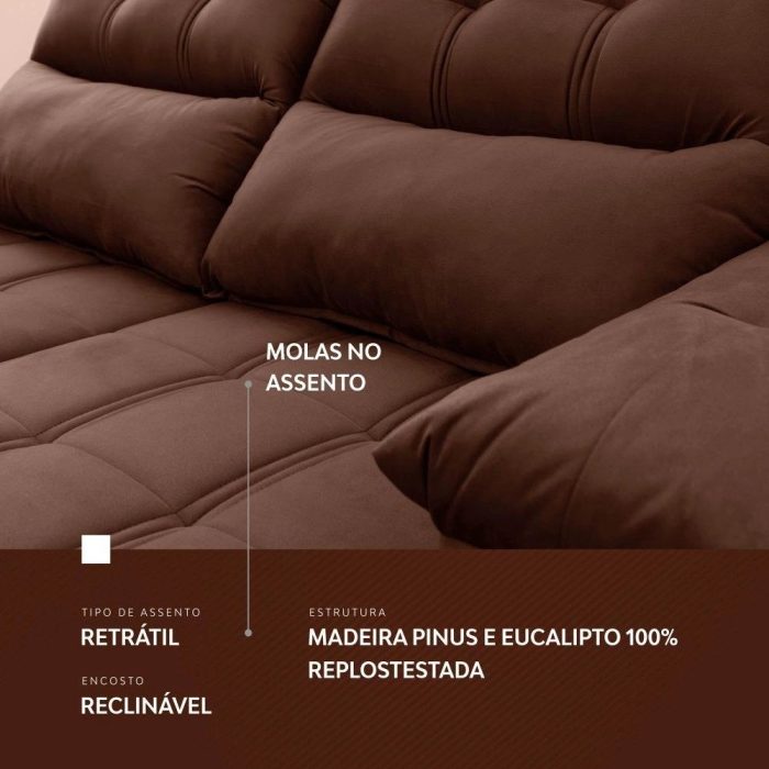 Sofá Retrátil/Reclinável Verona 2,00m Suede Velut Marrom c/ Molas no Assento – King House - Imagem 6