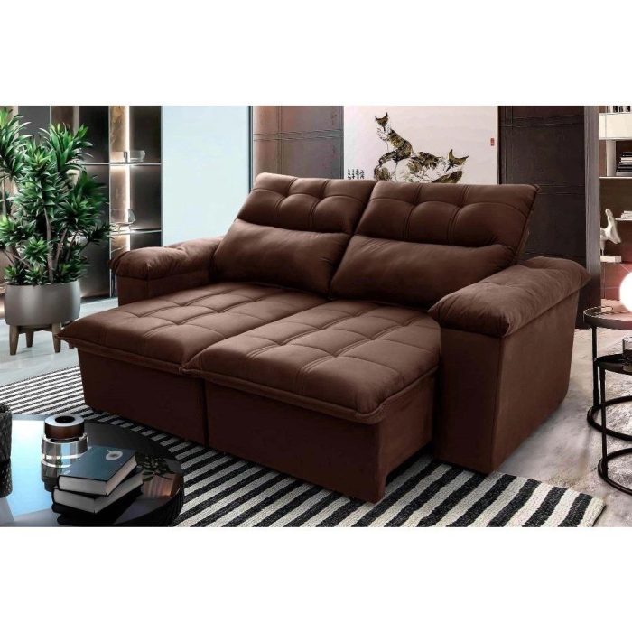 Sofá Retrátil/Reclinável Verona 2,00m Suede Velut Marrom c/ Molas no Assento – King House - Imagem 1