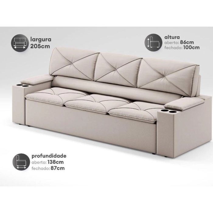 Sofá com Porta Copos Retrátil e Reclinável Pop 2,05m Velosuede Areia – netsofas - Imagem 2