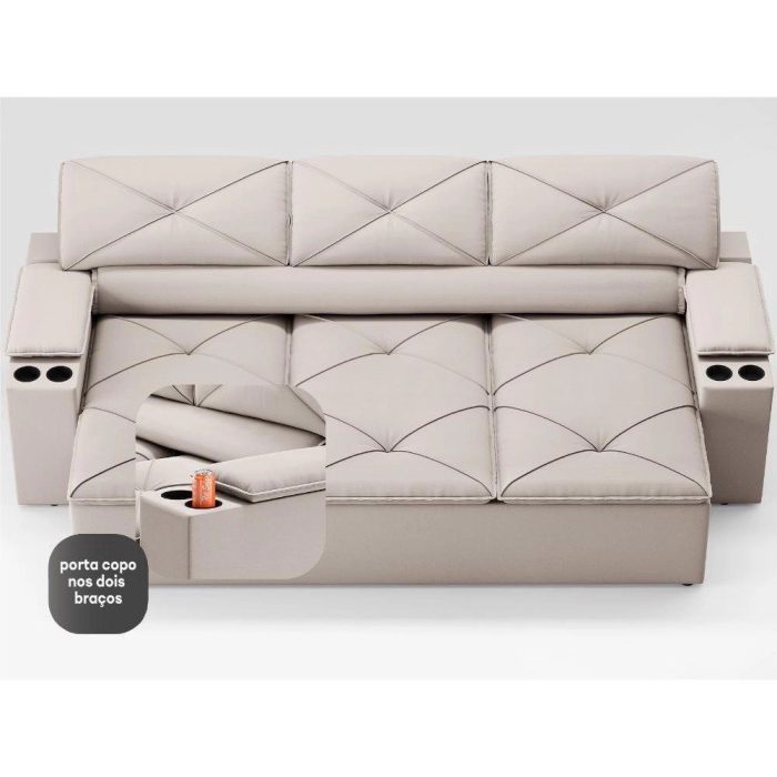 Sofá com Porta Copos Retrátil e Reclinável Pop 2,05m Velosuede Areia – netsofas - Imagem 5