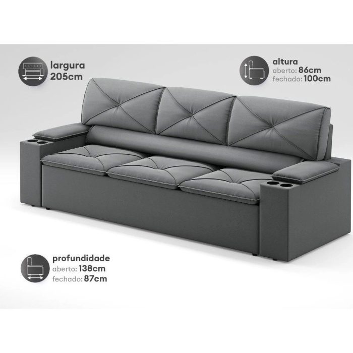Sofá com Porta Copos Retrátil e Reclinável Pop 2,05m Velosuede Grafite – netsofas - Imagem 2