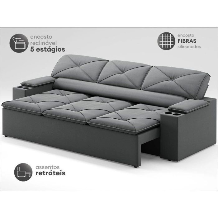 Sofá com Porta Copos Retrátil e Reclinável Pop 2,05m Velosuede Grafite – netsofas - Imagem 3