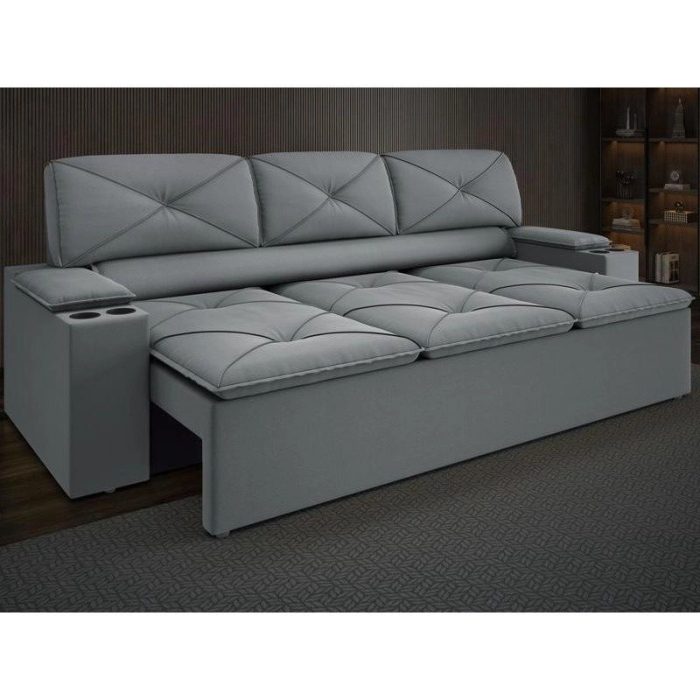 Sofá com Porta Copos Retrátil e Reclinável Pop 2,05m Velosuede Grafite – netsofas - Imagem 1