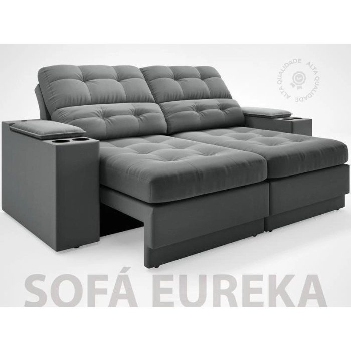 Sofá com Porta Copos e Carregador USB Eureka 1,70m Assento Retrátil e Reclinável Velosuede Grafite – netsofas - Imagem 5