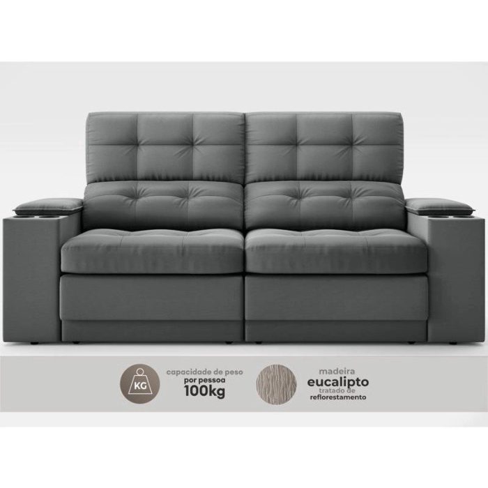 Sofá com Porta Copos e Carregador USB Eureka 1,70m Assento Retrátil e Reclinável Velosuede Grafite – netsofas - Imagem 6