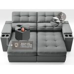 Sofá com Porta Copos e Carregador USB Eureka 1,70m Assento Retrátil e Reclinável Velosuede Grafite – netsofas - Imagem 2