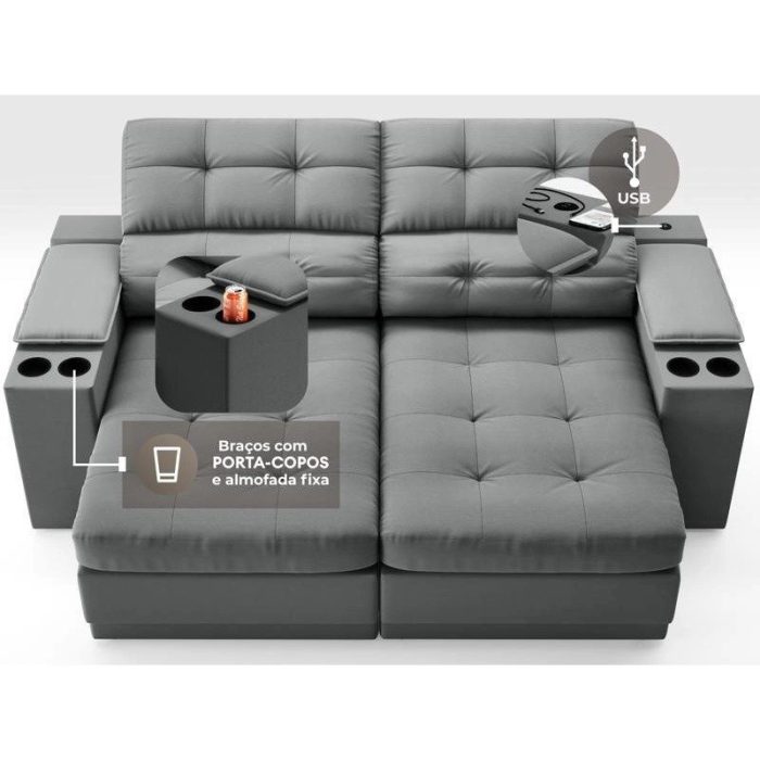 Sofá com Porta Copos e Carregador USB Eureka 1,70m Assento Retrátil e Reclinável Velosuede Grafite – netsofas - Imagem 2