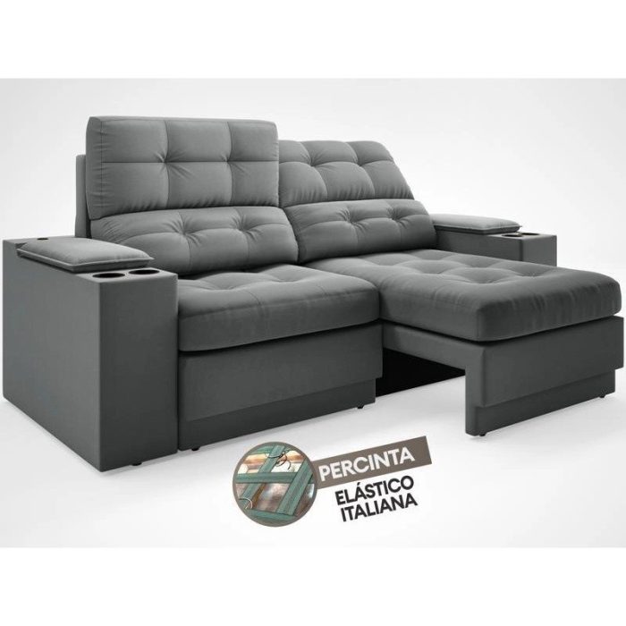 Sofá com Porta Copos e Carregador USB Eureka 1,70m Assento Retrátil e Reclinável Velosuede Grafite – netsofas - Imagem 4