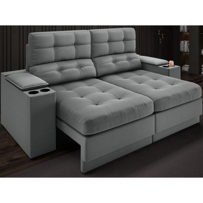 Sofá com Porta Copos e Carregador USB Eureka 1,70m Assento Retrátil e Reclinável Velosuede Grafite – netsofas - Imagem 1