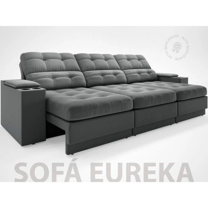Sofá com Porta Copos e Carregador USB Eureka 2,30m Assento Retrátil e Reclinável Velosuede Grafite – netsofas - Imagem 2
