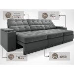 Sofá com Porta Copos e Carregador USB Eureka 2,30m Assento Retrátil e Reclinável Velosuede Grafite – netsofas - Imagem 3