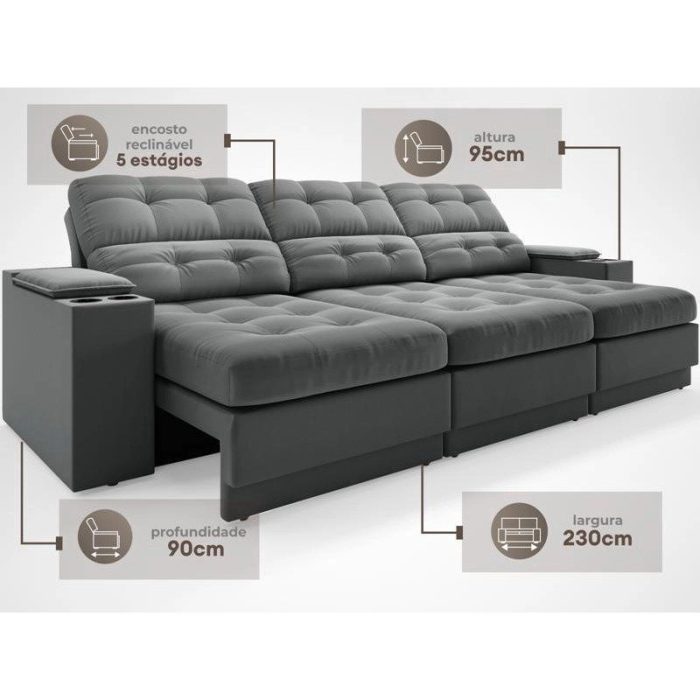 Sofá com Porta Copos e Carregador USB Eureka 2,30m Assento Retrátil e Reclinável Velosuede Grafite – netsofas - Imagem 3