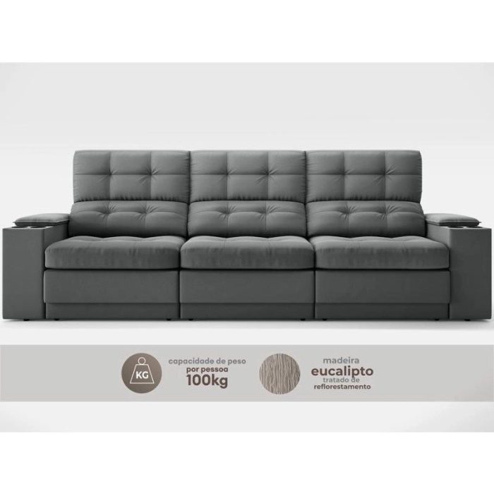 Sofá com Porta Copos e Carregador USB Eureka 2,30m Assento Retrátil e Reclinável Velosuede Grafite – netsofas - Imagem 4