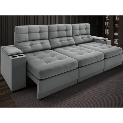 Sofá com Porta Copos e Carregador USB Eureka 2,30m Assento Retrátil e Reclinável Velosuede Grafite – netsofas