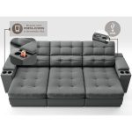 Sofá com Porta Copos e Carregador USB Eureka 2,30m Assento Retrátil e Reclinável Velosuede Grafite – netsofas - Imagem 5