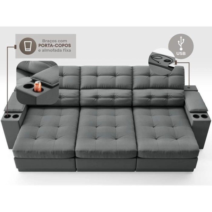 Sofá com Porta Copos e Carregador USB Eureka 2,30m Assento Retrátil e Reclinável Velosuede Grafite – netsofas - Imagem 5