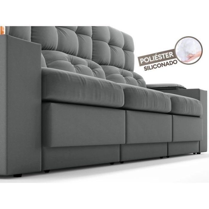 Sofá com Porta Copos e Carregador USB Eureka 2,30m Assento Retrátil e Reclinável Velosuede Grafite – netsofas - Imagem 6