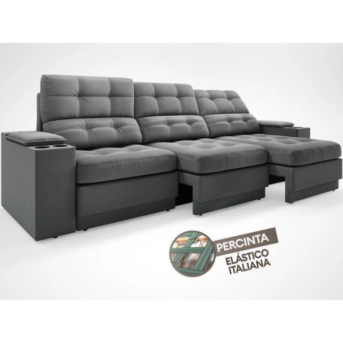 Sofá com Porta Copos e Carregador USB Eureka 2,30m Assento Retrátil e Reclinável Velosuede Grafite – netsofas - Imagem 7