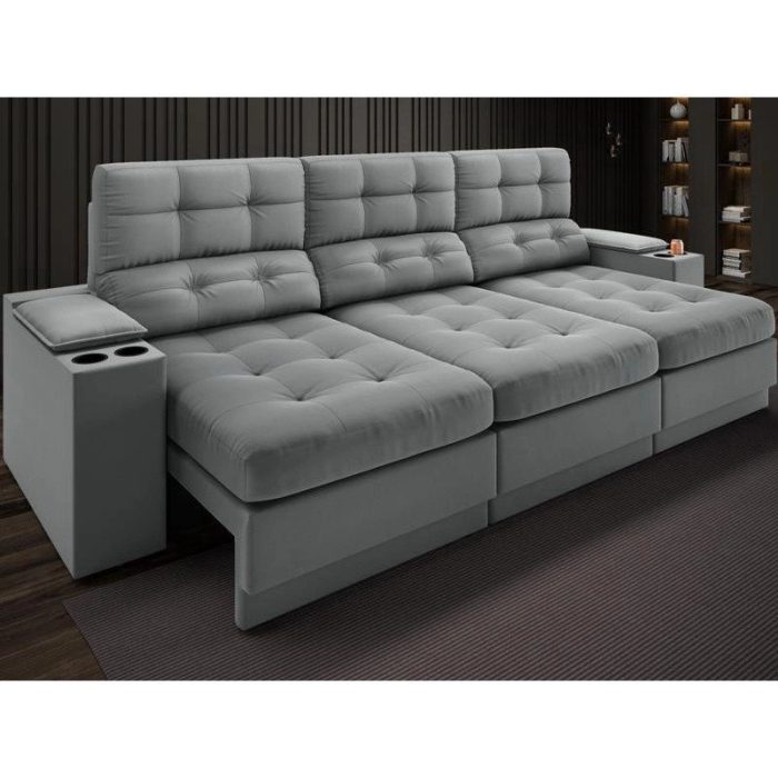 Sofá com Porta Copos e Carregador USB Eureka 2,30m Assento Retrátil e Reclinável Velosuede Grafite – netsofas - Imagem 1