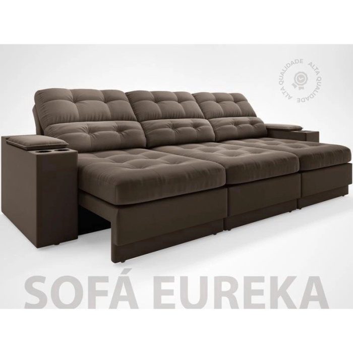 Sofá com Porta Copos e Carregador USB Eureka 2,30m Assento Retrátil e Reclinável Velosuede Marrom – netsofas - Imagem 2