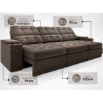 Sofá com Porta Copos e Carregador USB Eureka 2,30m Assento Retrátil e Reclinável Velosuede Marrom – netsofas - Imagem 3
