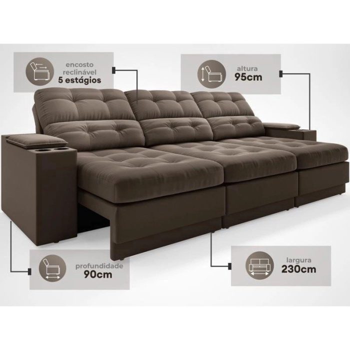 Sofá com Porta Copos e Carregador USB Eureka 2,30m Assento Retrátil e Reclinável Velosuede Marrom – netsofas - Imagem 3