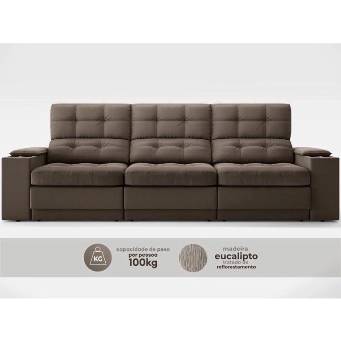 Sofá com Porta Copos e Carregador USB Eureka 2,30m Assento Retrátil e Reclinável Velosuede Marrom – netsofas - Imagem 4