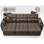 Sofá com Porta Copos e Carregador USB Eureka 2,30m Assento Retrátil e Reclinável Velosuede Marrom – netsofas - Imagem 5