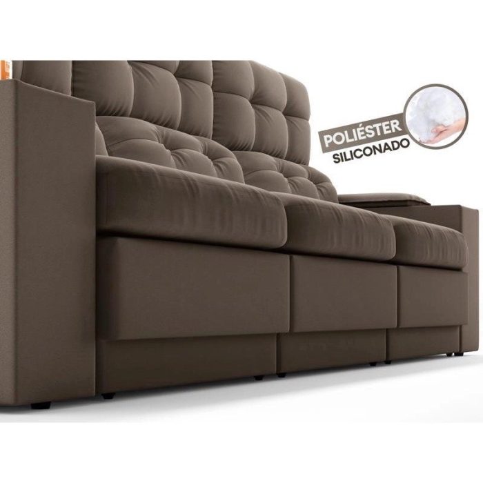 Sofá com Porta Copos e Carregador USB Eureka 2,30m Assento Retrátil e Reclinável Velosuede Marrom – netsofas - Imagem 6