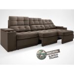 Sofá com Porta Copos e Carregador USB Eureka 2,30m Assento Retrátil e Reclinável Velosuede Marrom – netsofas - Imagem 7