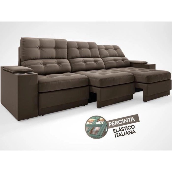 Sofá com Porta Copos e Carregador USB Eureka 2,30m Assento Retrátil e Reclinável Velosuede Marrom – netsofas - Imagem 7