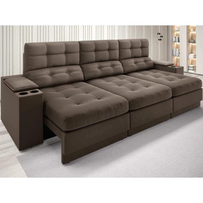 Sofá com Porta Copos e Carregador USB Eureka 2,30m Assento Retrátil e Reclinável Velosuede Marrom – netsofas - Imagem 1