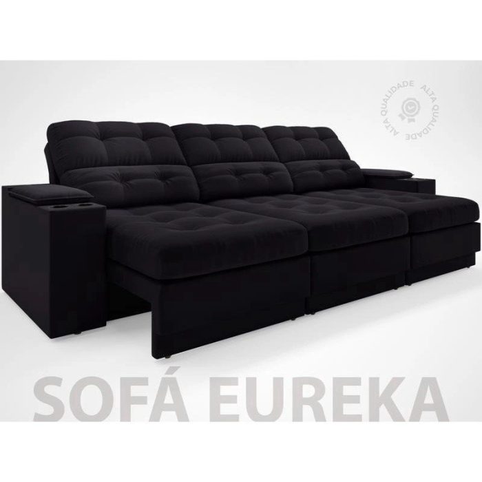 Sofá com Porta Copos e Carregador USB Eureka 2,30m Assento Retrátil e Reclinável Velosuede Preto – netsofas - Imagem 2